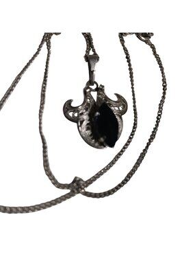 Vintage Silvertone Filigree Necklace Black Marquise Cut Stone Pendant Germany 16